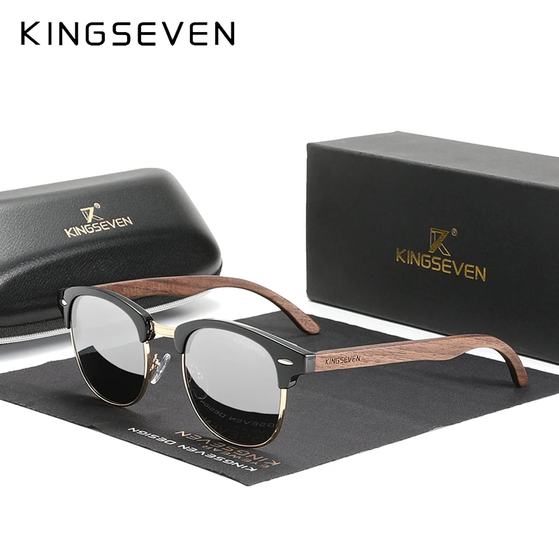 Lunettes de soleil en bois de noyer, verres polarisés, monture semi-cerclée KINGSEVEN – Image 7