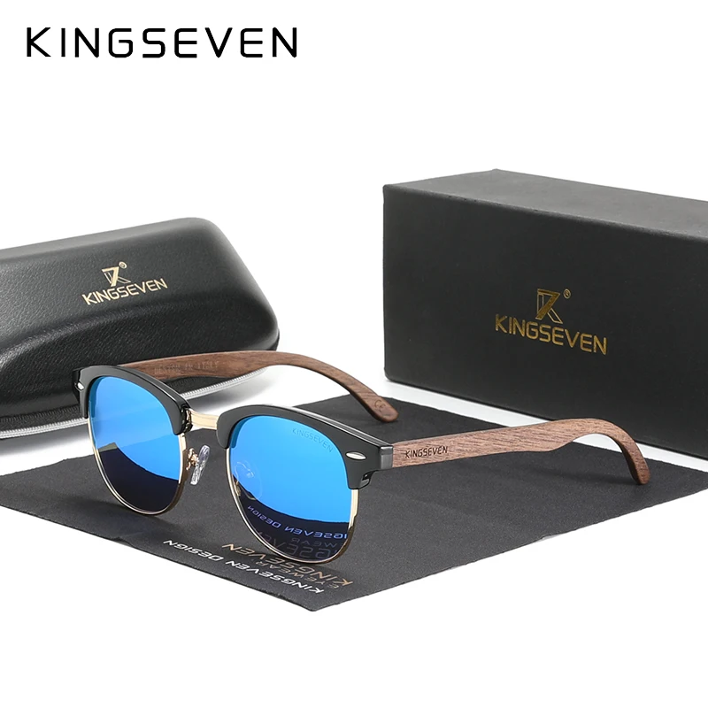 Lunettes de soleil en bois de noyer, verres polarisés, monture semi-cerclée KINGSEVEN – Image 6