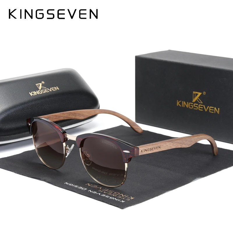 Lunettes de soleil en bois de noyer, verres polarisés, monture semi-cerclée KINGSEVEN – Image 5