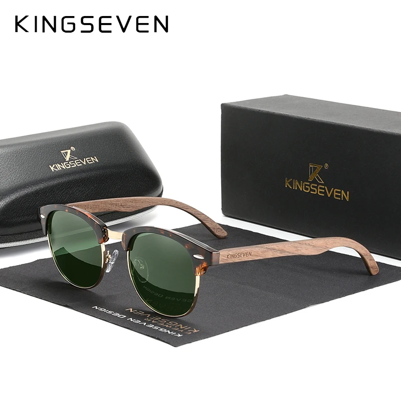 Lunettes de soleil en bois de noyer, verres polarisés, monture semi-cerclée KINGSEVEN – Image 3