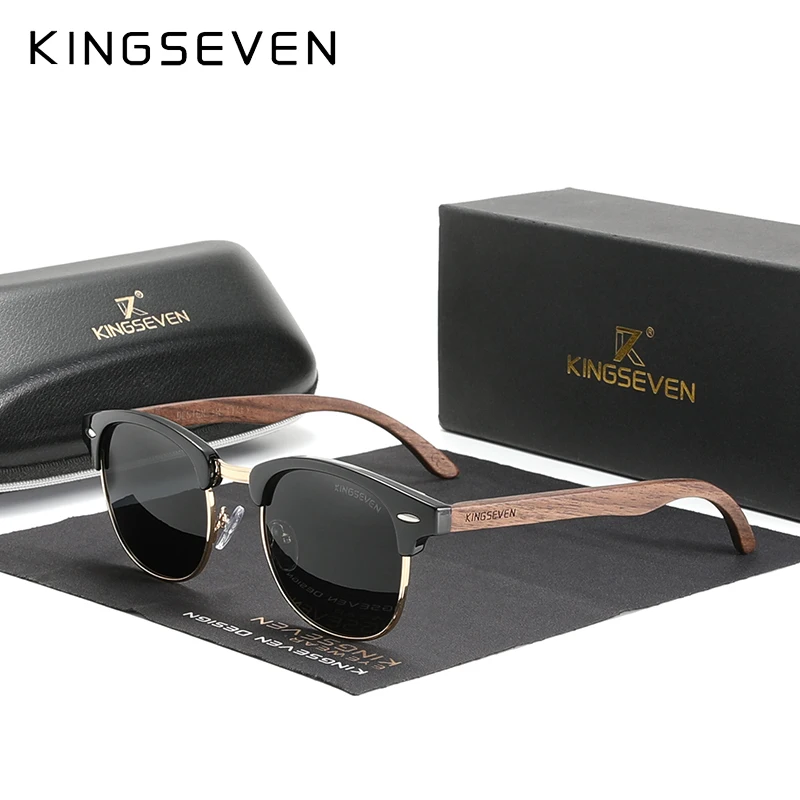 Lunettes de soleil en bois de noyer, verres polarisés, monture semi-cerclée KINGSEVEN – Image 4