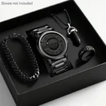 Coffret cadeau tendance full black magnétique : bracelet, montre pendentif et bague