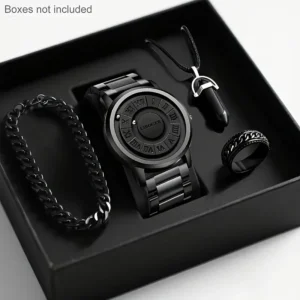Coffret cadeau tendance full black magnétique : bracelet, montre pendentif et bague