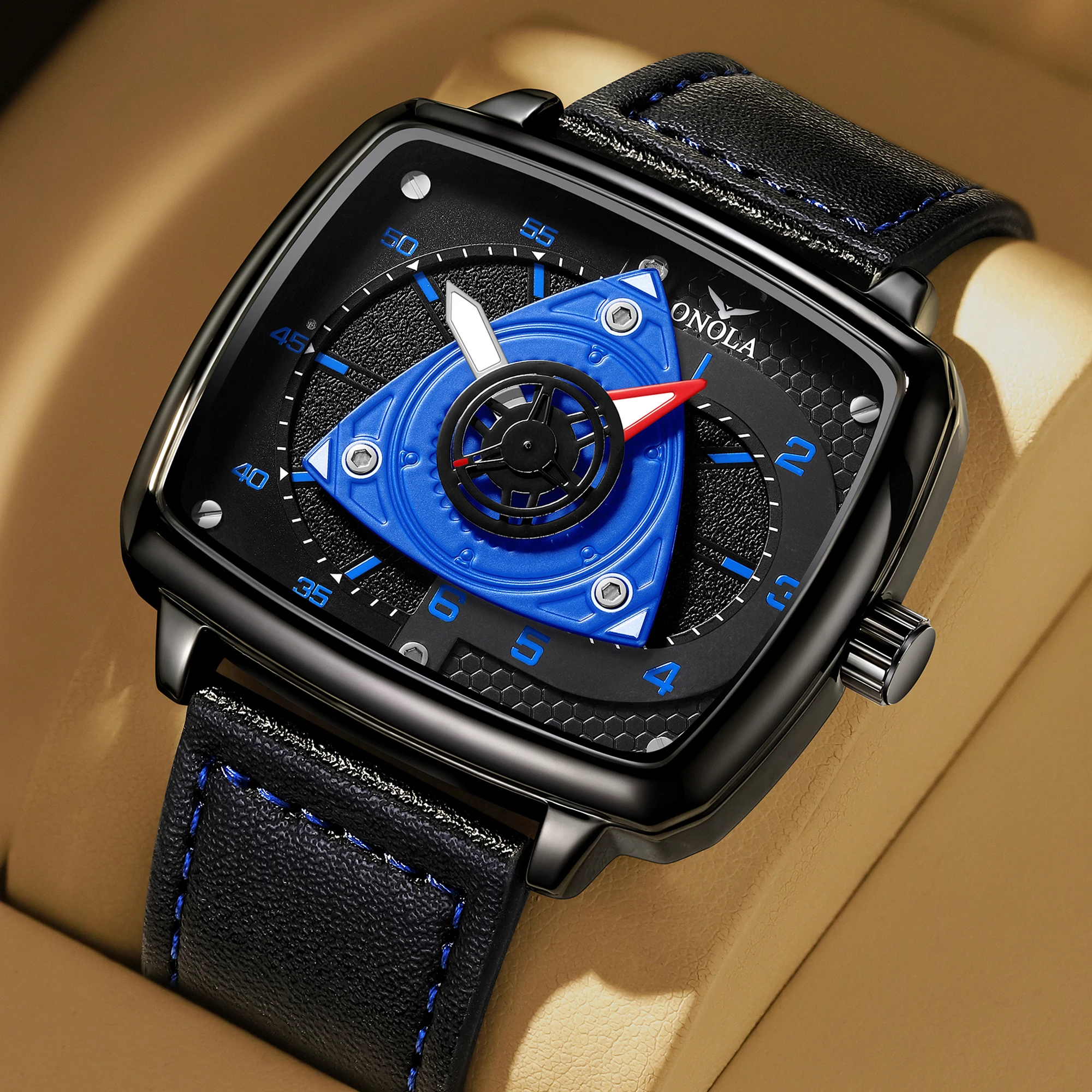 Montre à quartz ONOLA : cadran carré style « racing » - bracelet en cuir, étanche, avec éclairage nocturne – Image 11
