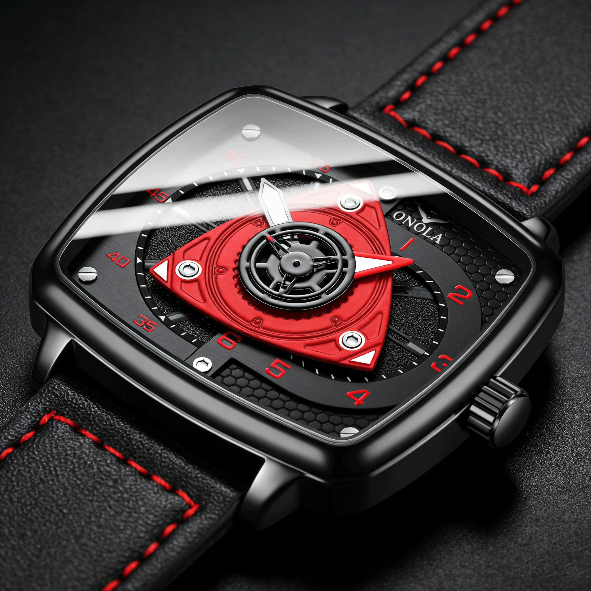 Montre à quartz ONOLA : cadran carré style « racing » - bracelet en cuir, étanche, avec éclairage nocturne