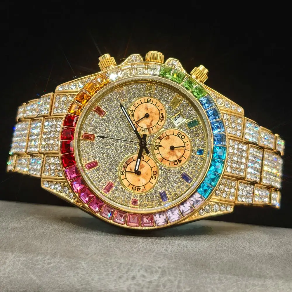 Montre pour homme tendance en or de la marque UNIGUET : pierres arc-en-ciel brillants – Image 2