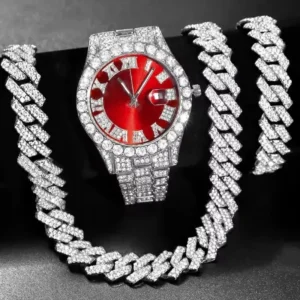 Lot de 3 bijoux : montre hip-hop pour homme « Iced Out » à quartz, montre-bracelet de luxe sertie de diamants, collier et bracelet à maillons