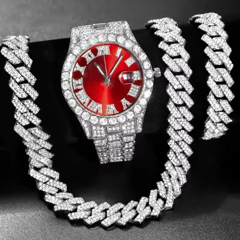 Lot de 3 bijoux : montre hip-hop pour homme « Iced Out » à quartz, montre-bracelet de luxe sertie de diamants, collier et bracelet à maillons
