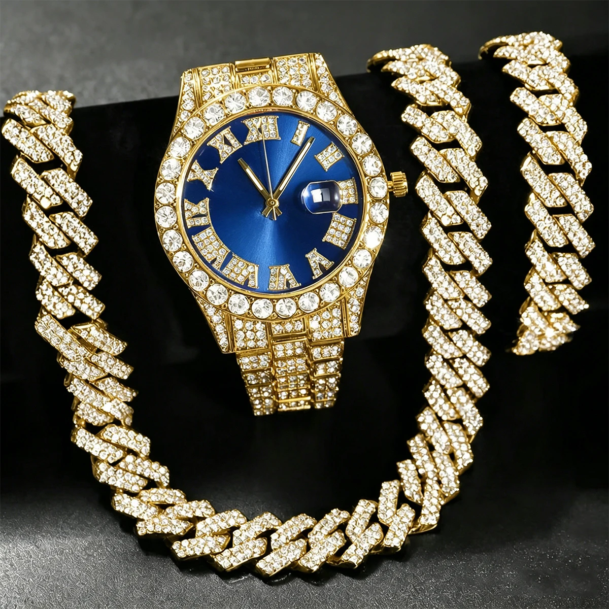 Lot de 3 bijoux : montre hip-hop pour homme « Iced Out » à quartz, montre-bracelet de luxe sertie de diamants, collier et bracelet à maillons – Image 6
