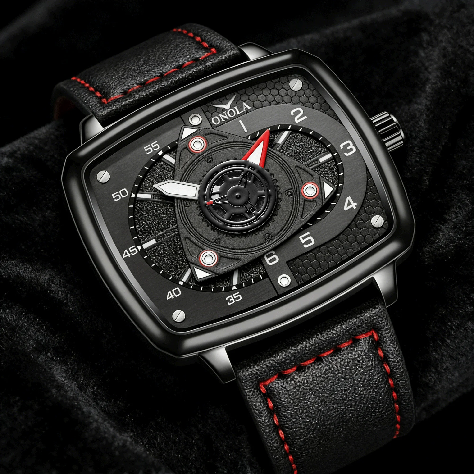 Montre à quartz ONOLA : cadran carré style « racing » - bracelet en cuir, étanche, avec éclairage nocturne – Image 8