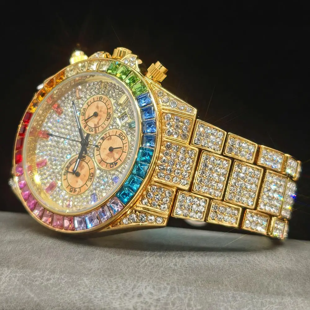 Montre pour homme tendance en or de la marque UNIGUET : pierres arc-en-ciel brillants – Image 3