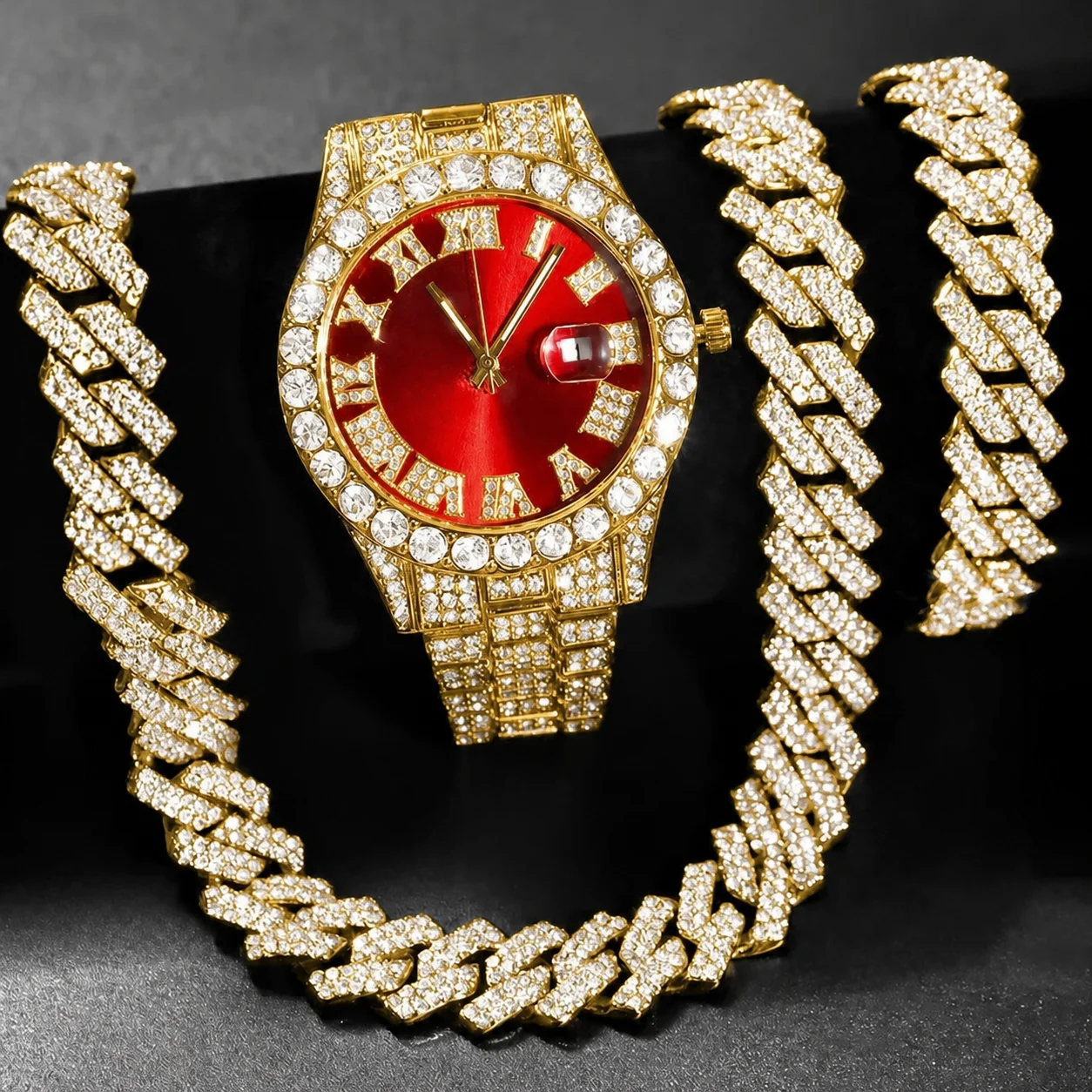 Lot de 3 bijoux : montre hip-hop pour homme « Iced Out » à quartz, montre-bracelet de luxe sertie de diamants, collier et bracelet à maillons – Image 3