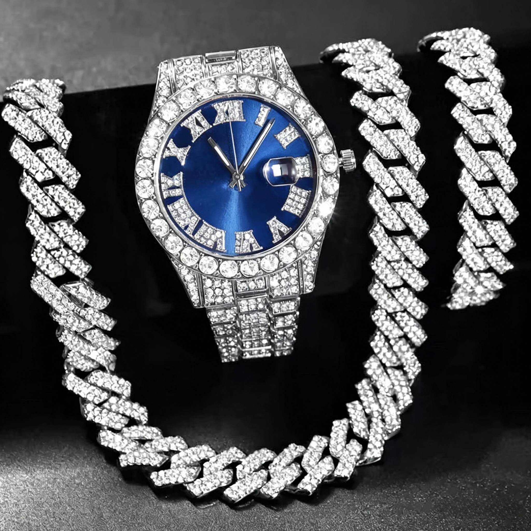 Lot de 3 bijoux : montre hip-hop pour homme « Iced Out » à quartz, montre-bracelet de luxe sertie de diamants, collier et bracelet à maillons – Image 2