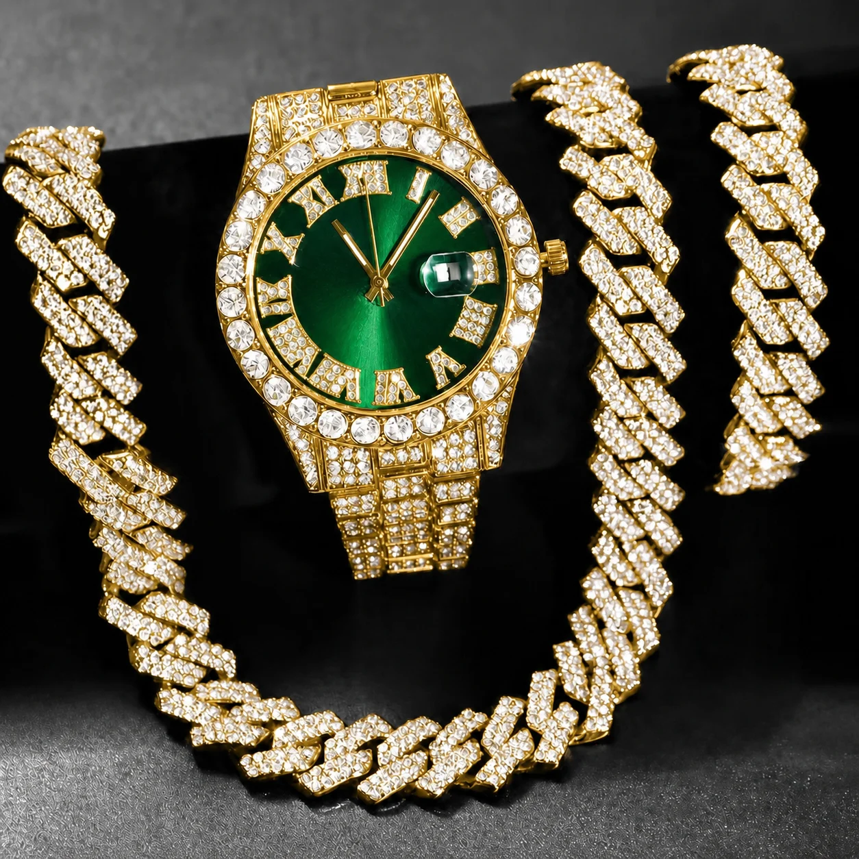 Lot de 3 bijoux : montre hip-hop pour homme « Iced Out » à quartz, montre-bracelet de luxe sertie de diamants, collier et bracelet à maillons – Image 5