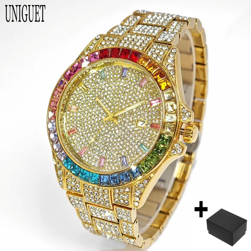 Montre pour homme tendance en or de la marque UNIGUET : pierres arc-en-ciel brillants – Image 6