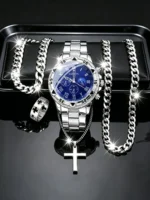 Ensemble montre, bague, collier et bracelet - motif croix (modèle bleu)