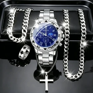 Ensemble montre, bague, collier et bracelet - motif croix (modèle bleu)