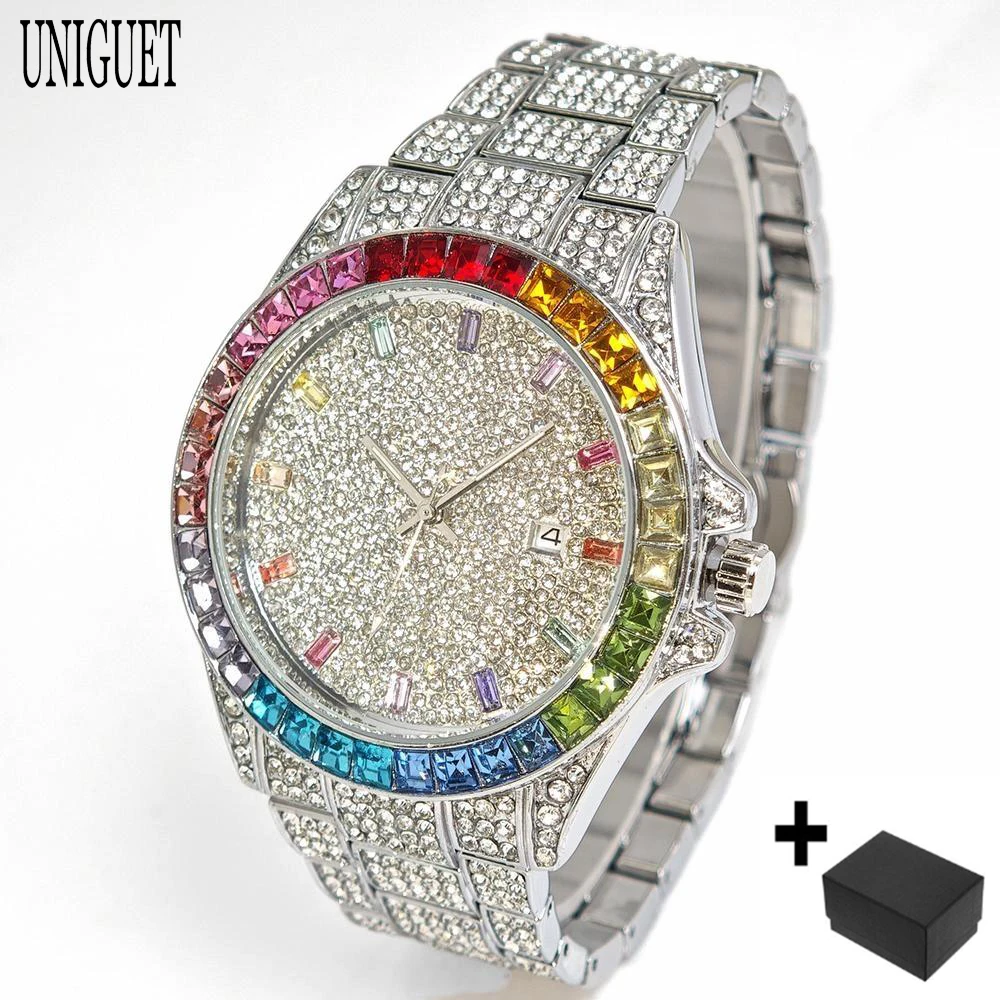 Montre pour homme tendance en or de la marque UNIGUET : pierres arc-en-ciel brillants – Image 7