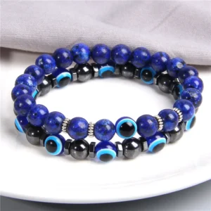Bracelet « Lucky Evil Eye » en perles de pierre naturelle (21 cm)