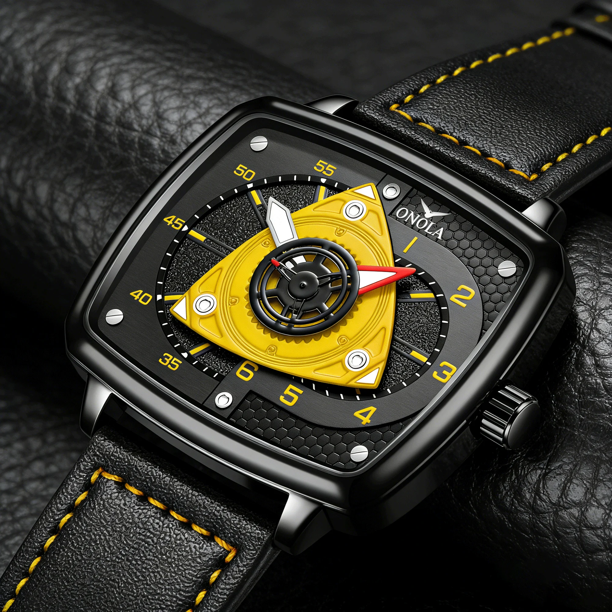 Montre à quartz ONOLA : cadran carré style « racing » - bracelet en cuir, étanche, avec éclairage nocturne – Image 9