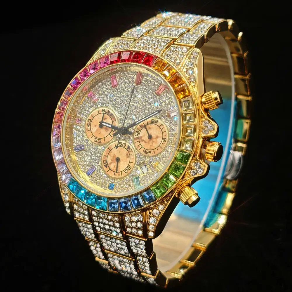 Montre pour homme tendance en or de la marque UNIGUET : pierres arc-en-ciel brillants – Image 4