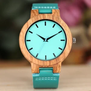 Montre avec cadran en bois et bracelet turquoise