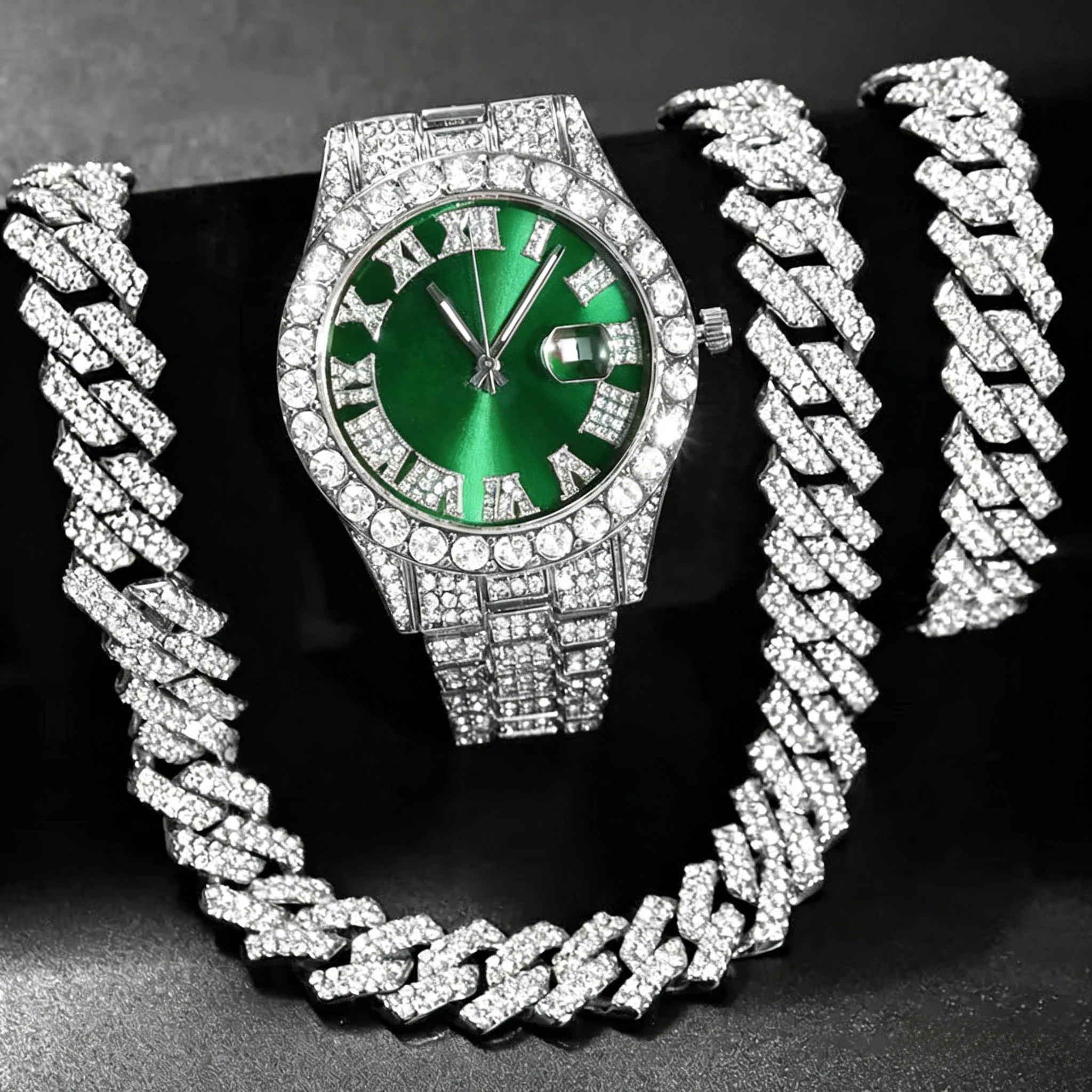 Lot de 3 bijoux : montre hip-hop pour homme « Iced Out » à quartz, montre-bracelet de luxe sertie de diamants, collier et bracelet à maillons – Image 4