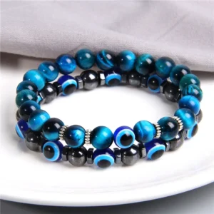 Bracelet « Lucky Evil Eye » en perles de pierre naturelle (19 cm)