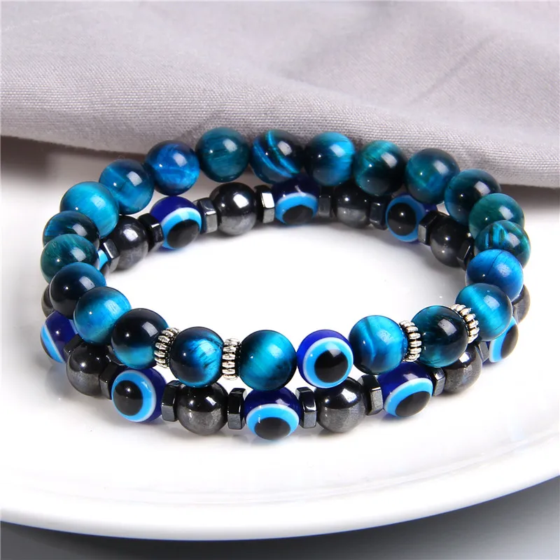 Bracelet « Lucky Evil Eye » en perles de pierre naturelle (19 cm)