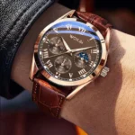 Montre de luxe avec calendrier - bracelet en cuir - cadran fluorescent