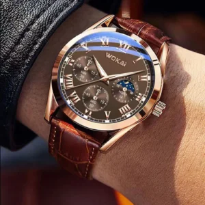 Montre de luxe avec calendrier - bracelet en cuir - cadran fluorescent