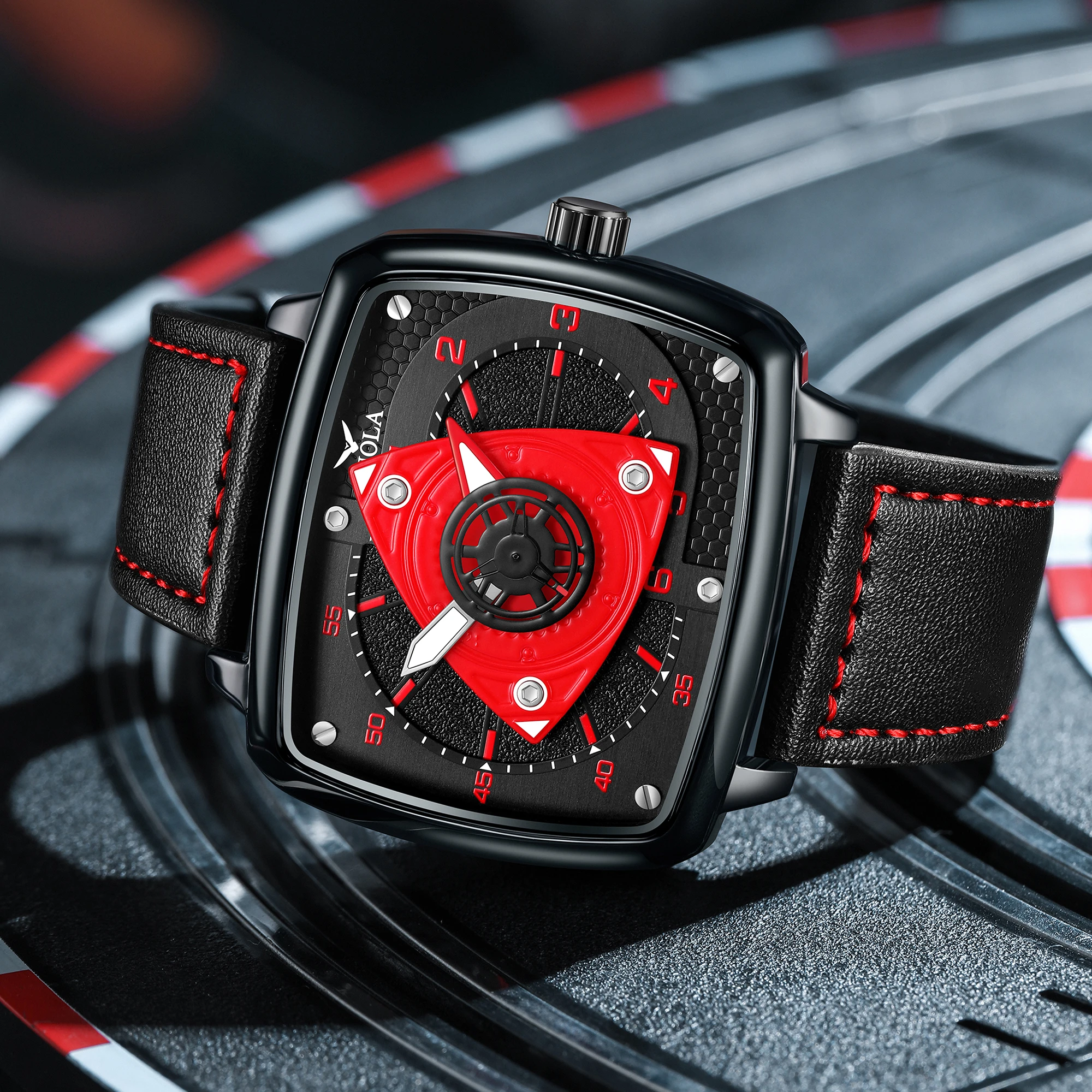 Montre à quartz ONOLA : cadran carré style « racing » - bracelet en cuir, étanche, avec éclairage nocturne – Image 10