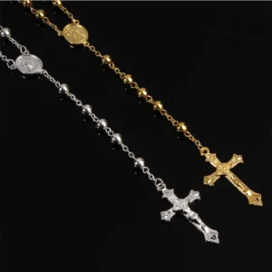 Collier Rosaire Homme Femme – Perles 6 mm, Finition Imitation Or, Croix Rose, Bijou Élégant & Raffiné
