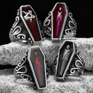 Bague Cercueil Gothique – Acier Inoxydable 316L, Style Punk Rock & Vintage