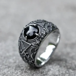Bague Chevalière Lucifer Homme – Pierre Noire, Acier Inoxydable, Style Vintage Gothique & Punk