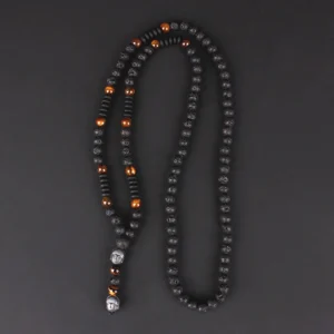 Collier Œil de Tigre & Pierre de Lave 6 mm – Pendentif Bouddha, Bijou Bohème
