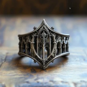 Bague Château Gothique – Acier Inoxydable Argenté, Design Rétro en Relief, Style Vintage & Halloween