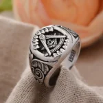 Bague Maçonnique Unisexe – Design Rétro Argenté, Style Vintage