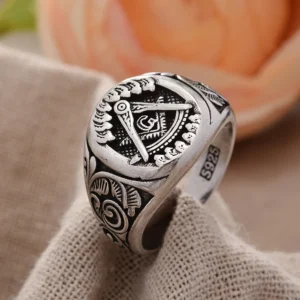 Bague Maçonnique Unisexe – Design Rétro Argenté, Style Vintage